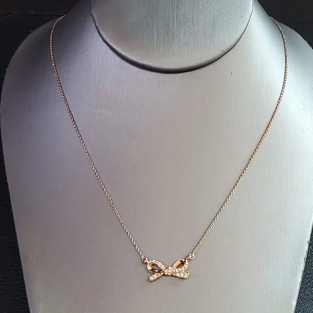 Kate Spade Rose Gold Pave Crystal Bow Pendant Necklace Dainty Designer Girly